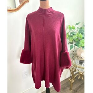 Alfani Sweater Poncho Women L Burgundy Knit Mock Neck Faux Fur Cuff Long Sleeve